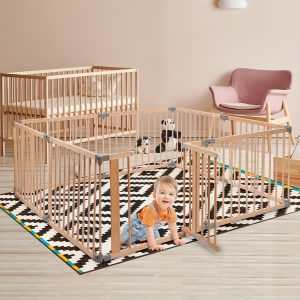 Wooden Baby Playpen For Toddlers, Foldable Large Baby Playard, Adjustable Safety Play Fence With Locking Gate For Indoor & Outdoor, Kids Activity Center (26.6